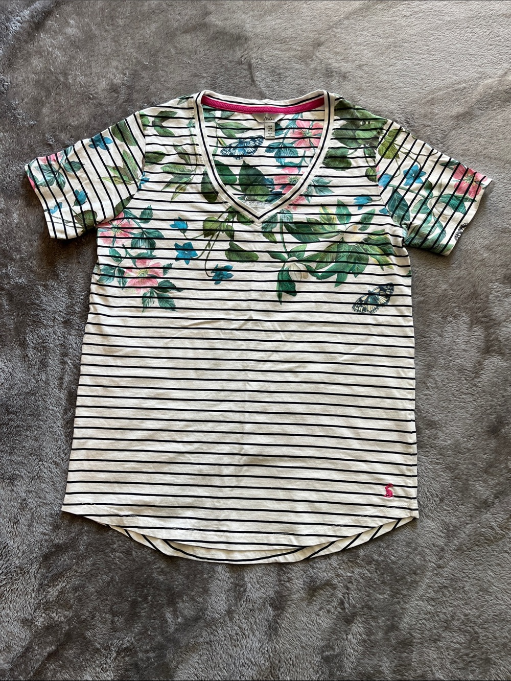Joules Cream/Navy Striped V-Neck Tee with Floral and Green Leaf Print, US size 6